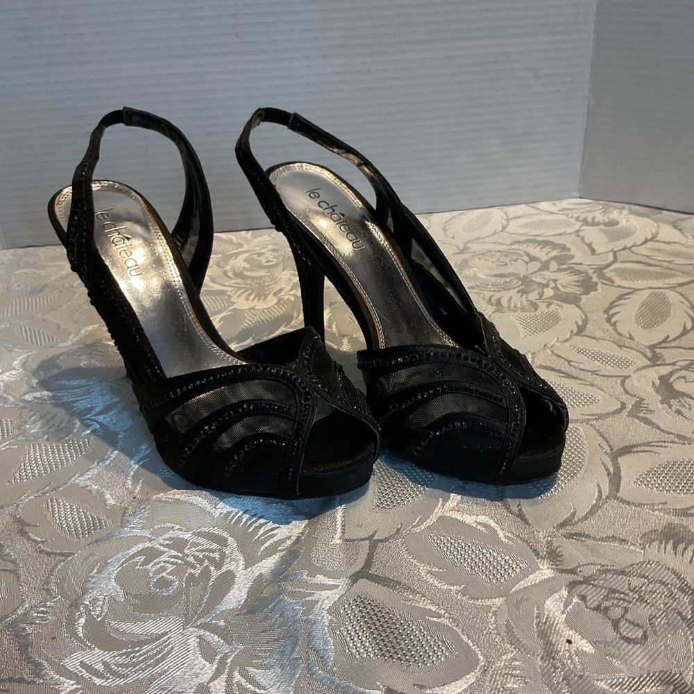 Le Chateau Peep Toe Heels Womens 6 Black Excellent Mesh Rhinestone Slingback